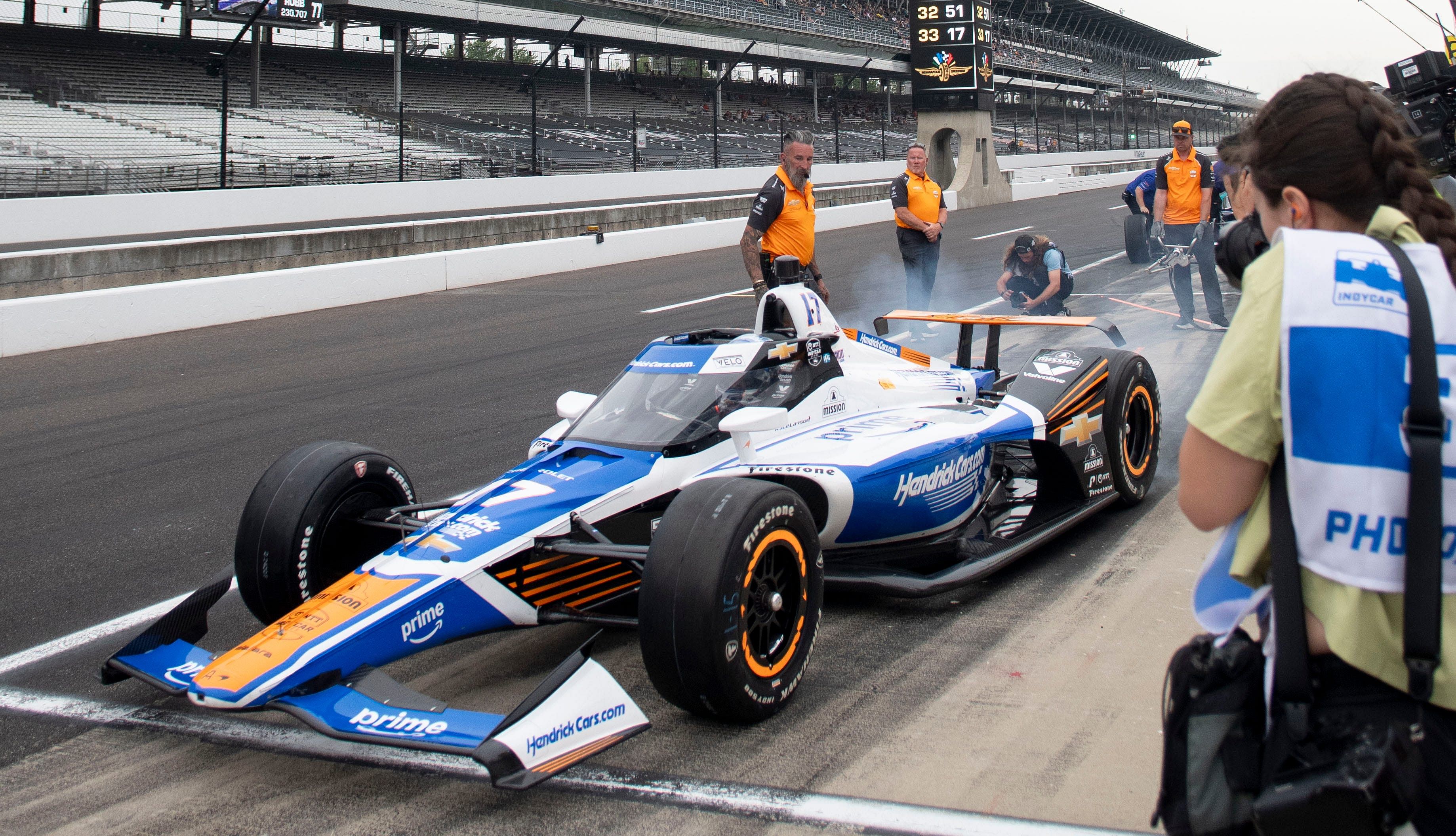 Arrow McLaren driver Kyle Larson (17) pulls out of his pit during the Indy 500 Fast Friday. Source: Imagn